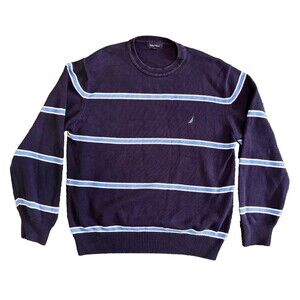 Nautica Mens Pullover Sweater Blue Striped Crew Neck Preppy Coastal Beach Size L